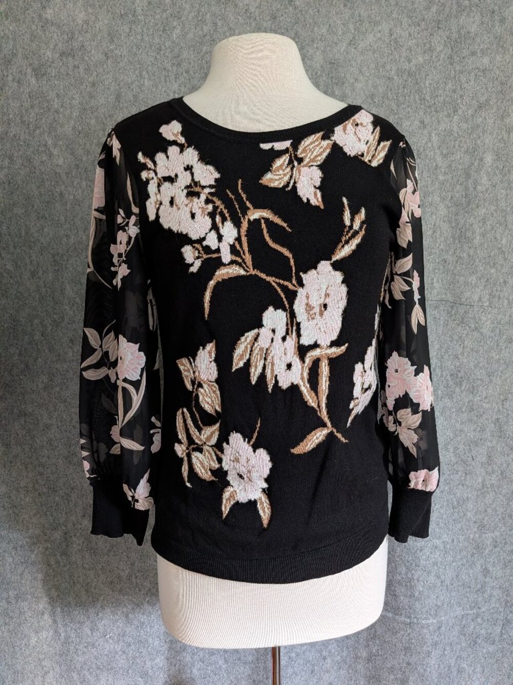 Inc International Concepts Black Floral Sheer Sleeve Sweater Size Med